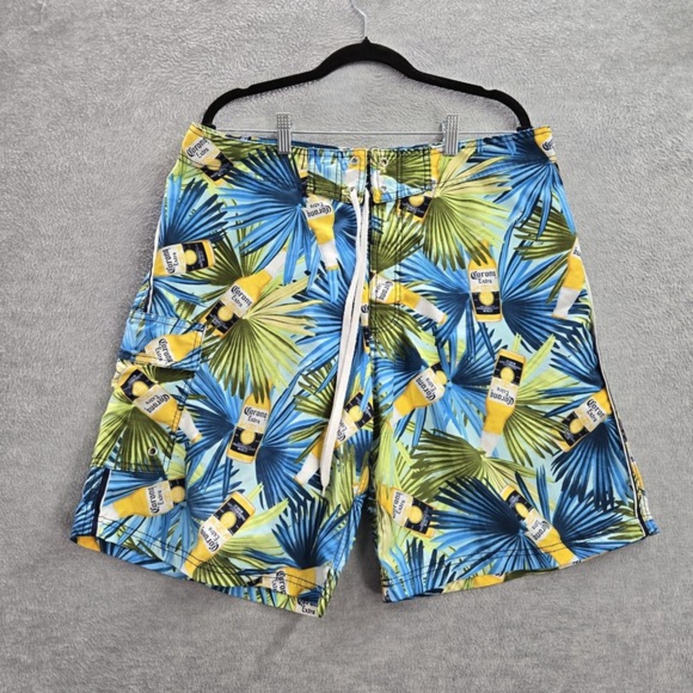 Corona Extra Shorts 36 Blue Graphic‎ Print Swimwear Beer Bottles Palm Leaves